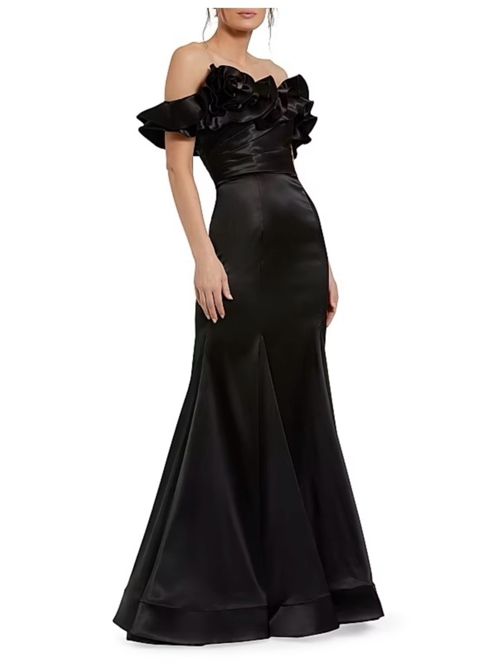 Mac Duggal Off Shoulder Black satin evening gown
